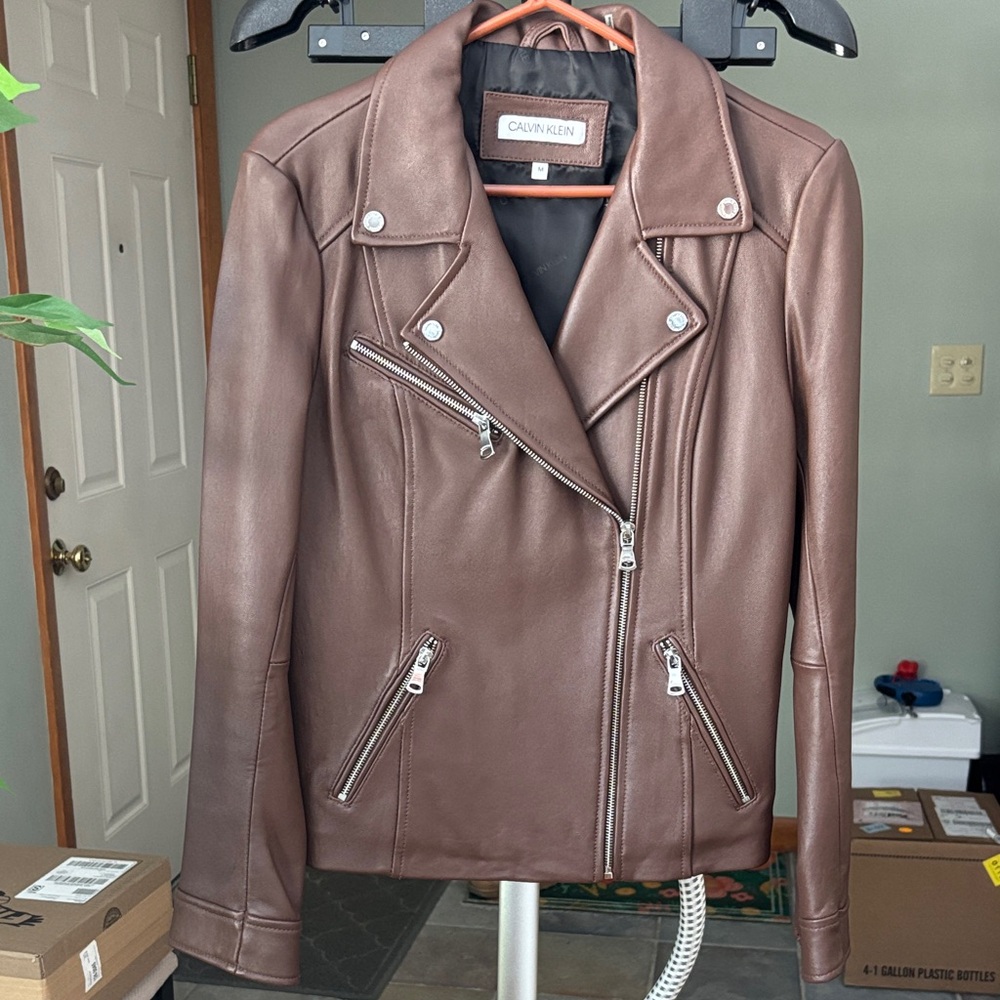 Calvin Klein Women's Tan Leather Jacket - Picture 2 of 4